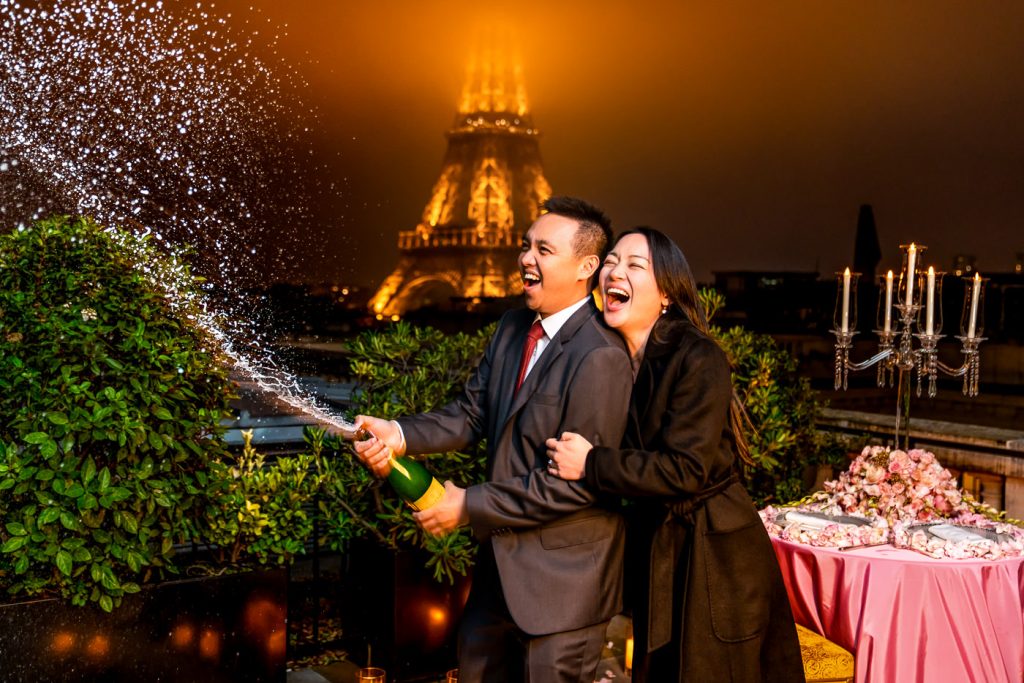 Shangri-La Hotel Paris proposal with Champagne and sparkling Eiffel Tower