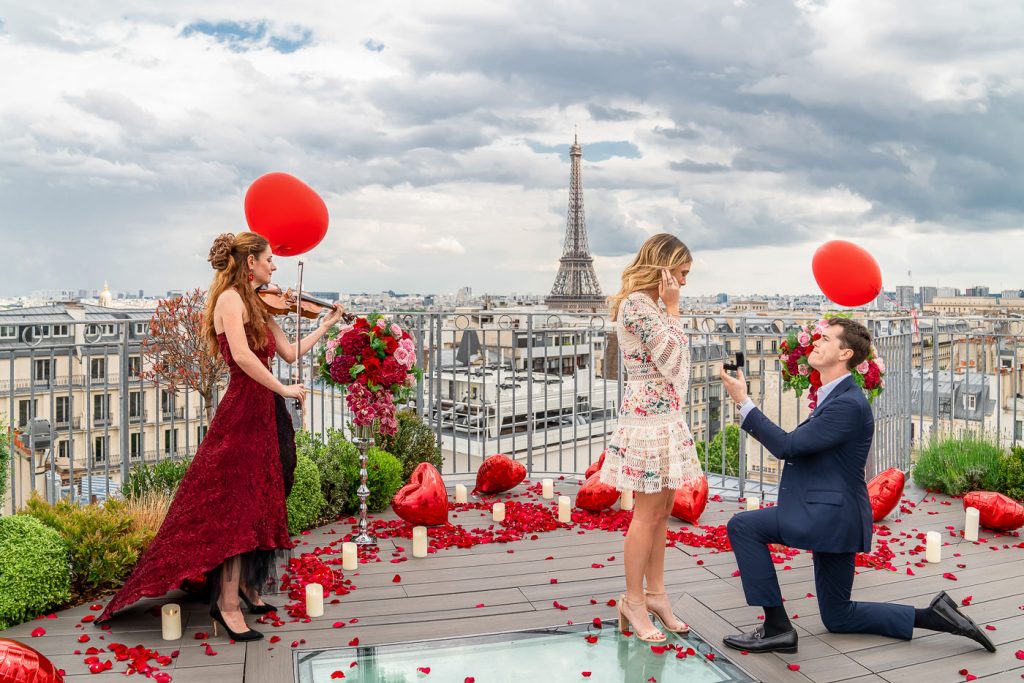 Best Paris proposal ideas private rooftop engagement with violinist