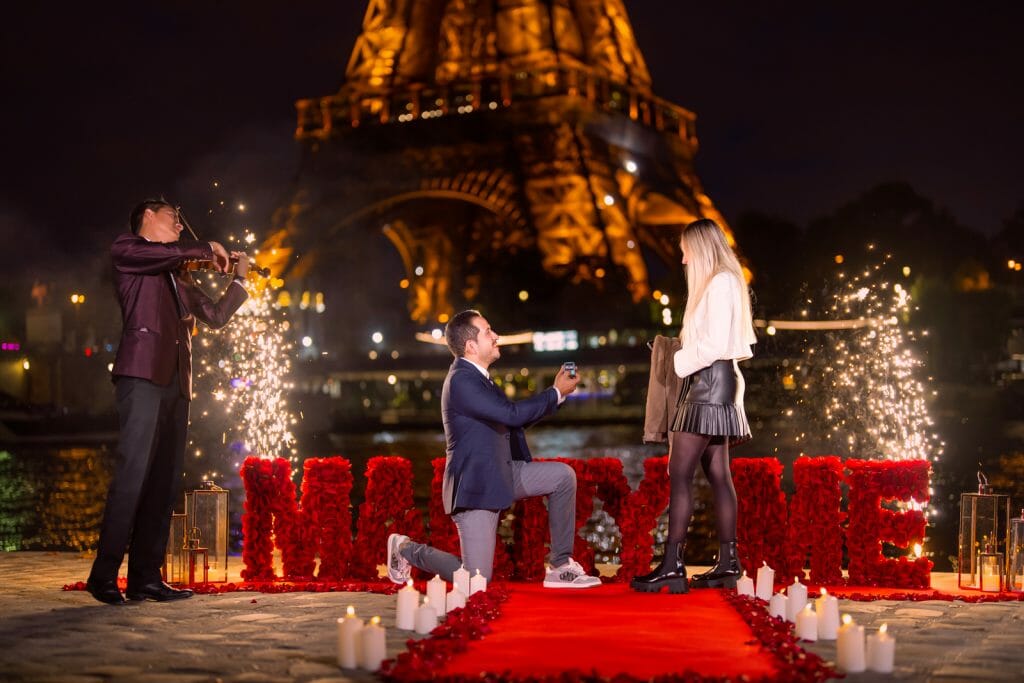 Best public Eiffel Tower location Seine River: Marry Me Letters with violinist and fireworks