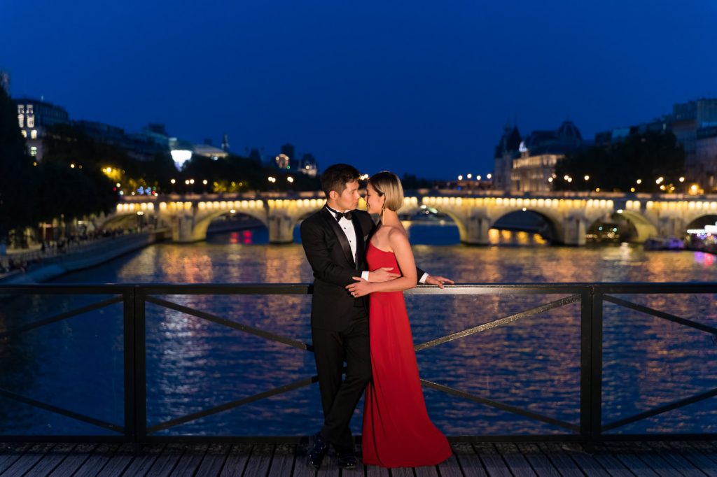 Blue Hour Paris engagement photos on Pont des Arts Bridge