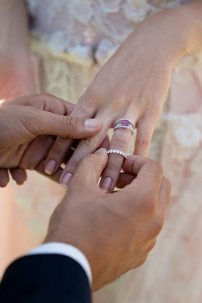 Groom put a wedding ring on his bride's finger