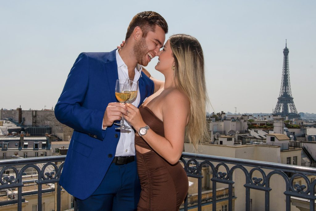 Paris proposal photos at the Peninsula Hotel with Champagne toast