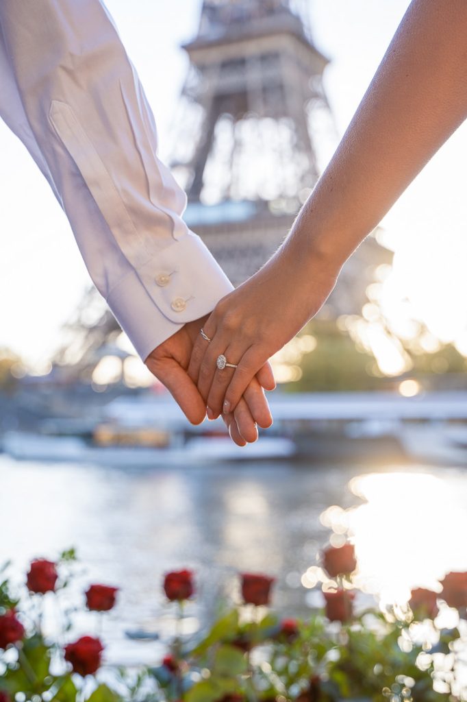 creative diamond engagement ring detail shot at the Eiffel Tower