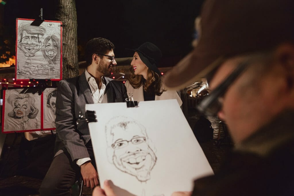 Creative couple photoshoot at Montmartre Paris with caricature artist