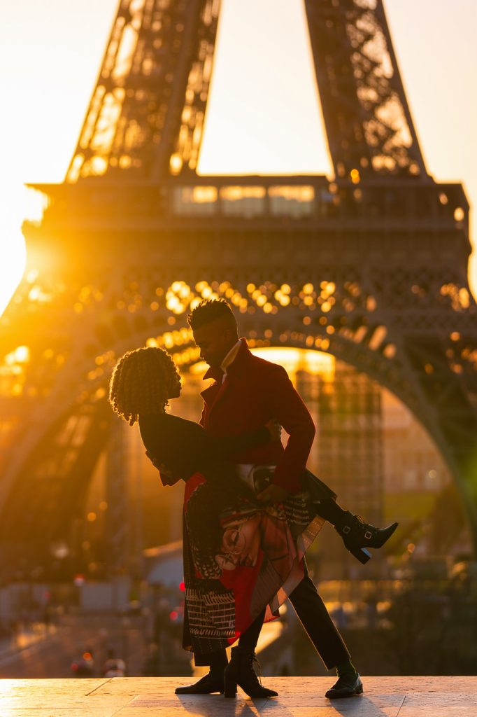 Couple photoshoot at sunrise at Trocadero Eiffel Tower