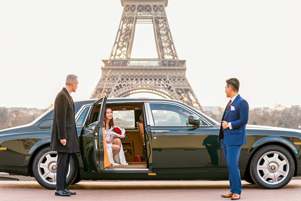Creative couple photo ideas for Paris photoshoot with Rolls-Royce and private driver