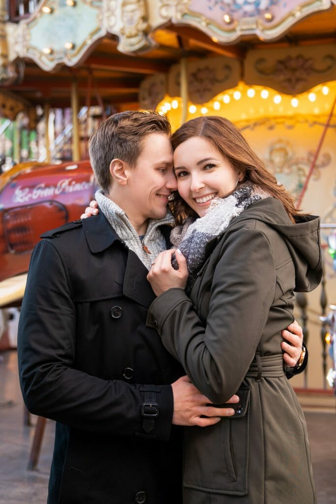 Paris engagement photos at the Carousel at Trocadero with Eiffel Tower view