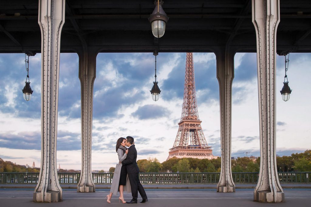 Eiffel Tower couple pictures at Bir Hakeim Bridge