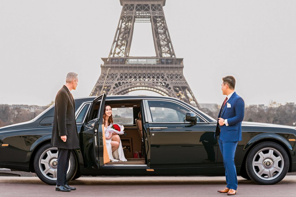 Creative couple photo ideas for Paris photoshoot with Rolls-Royce and private driver