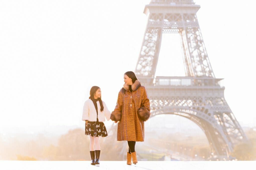 Beautiful Mom and Daughter family portrait at Trocadero Eiffel Tower
