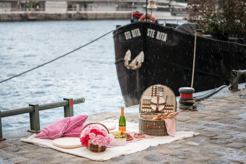 Paris proposal ideas picnic setup along the Seine River