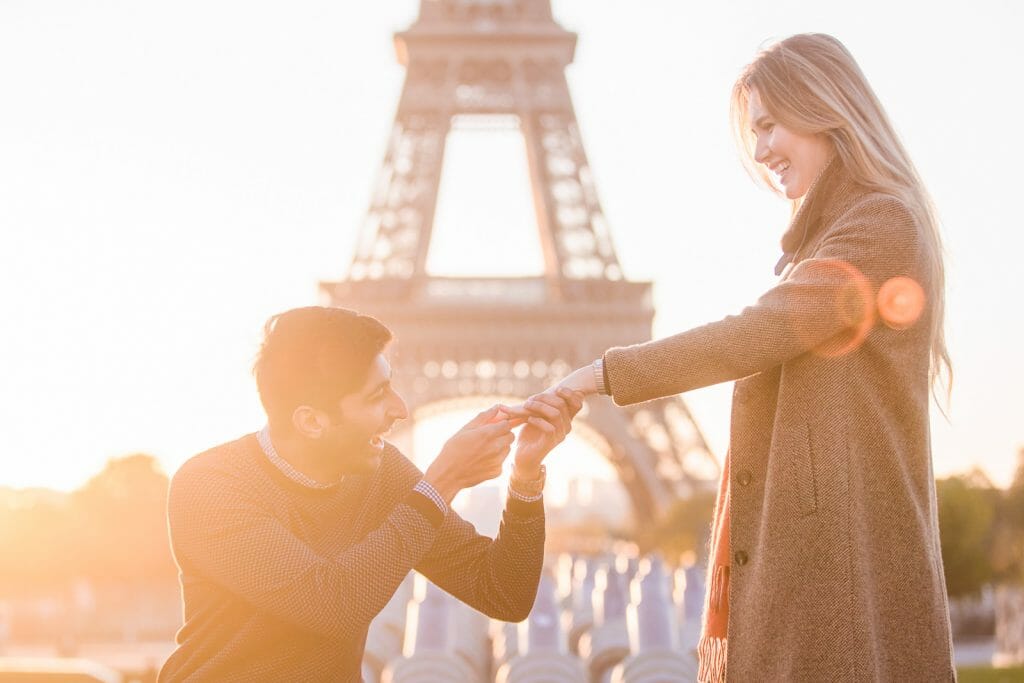 Eiffel Tower proposal at Trocadero sunrise