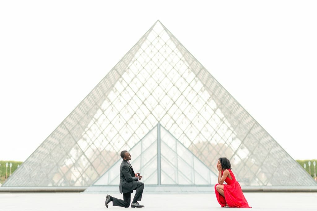 Louvre Museum surprise marriage proposal at sunrise