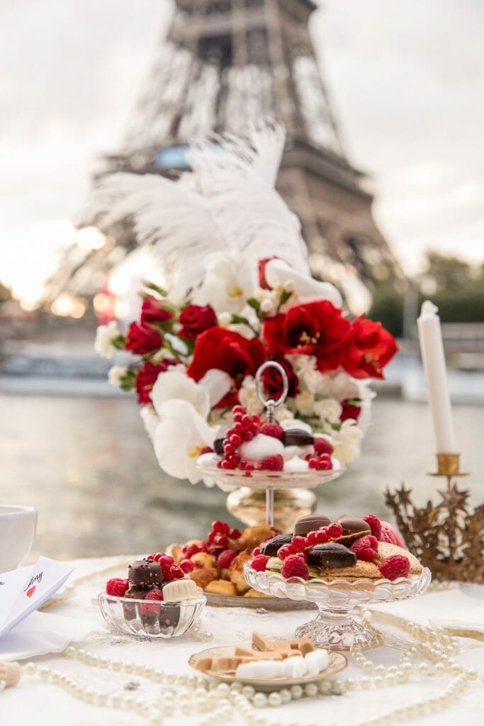 Paris proposal ideas private table with Champagne along the Seine River