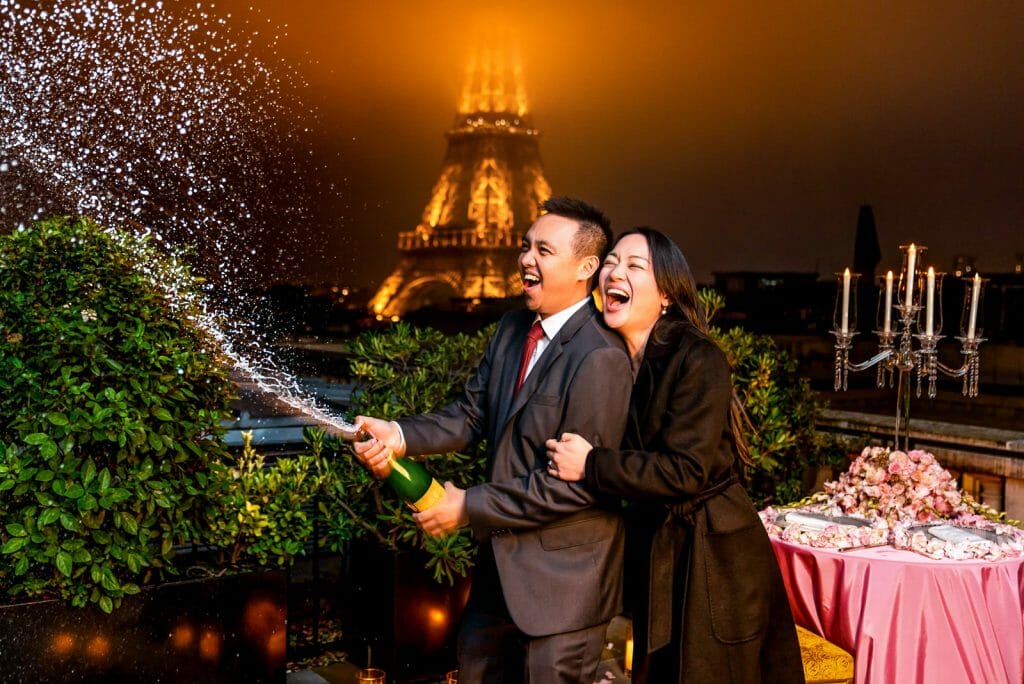 Shangri-La Hotel Nighttime Paris proposal with musicians