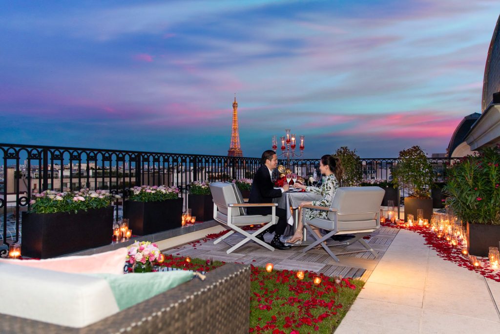 Exclusive Paris rooftop proposal at the Peninsula Hotel during Blue Hour