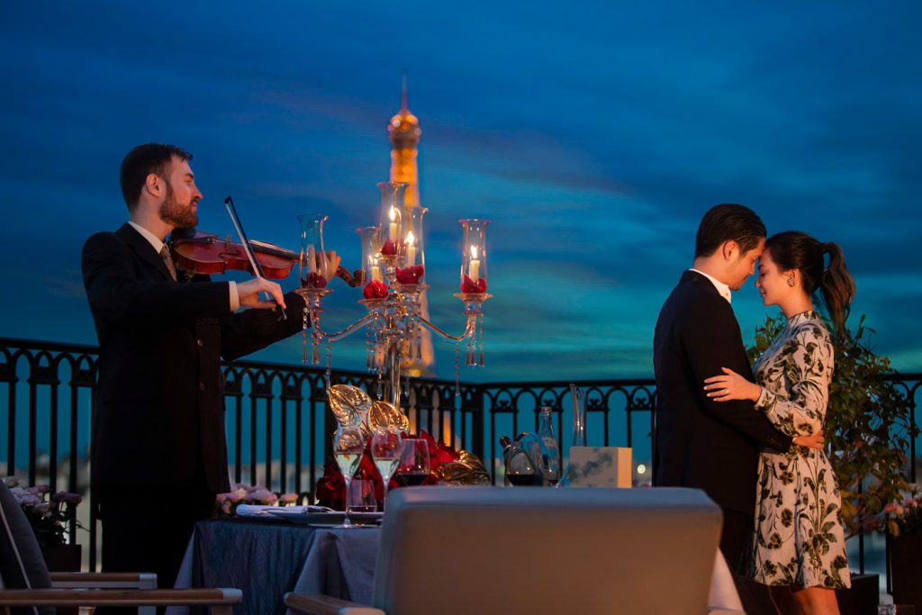 Exclusive Paris rooftop proposal at the Peninsula Hotel during Blue Hour
