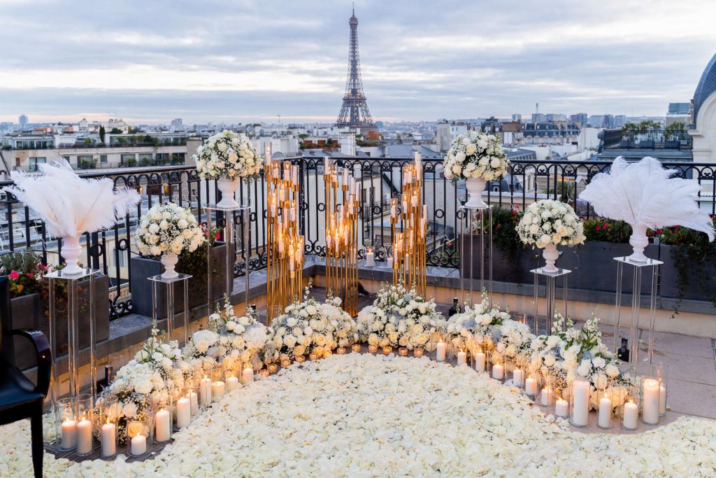 Private luxury marriage proposal on the terrace of Peninsula Paris