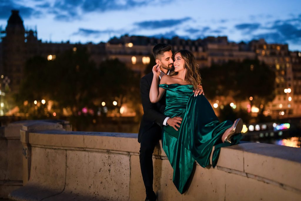 Romantic Nighttime Paris Engagement Photos at Bir-Hakeim Bridge