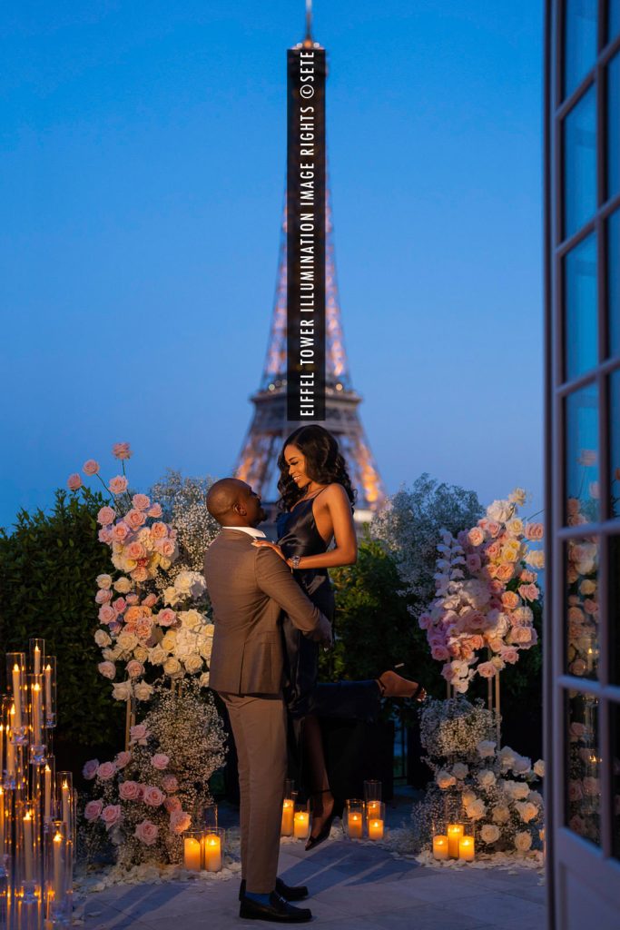 Eiffel Tower Proposal at night at the Shangri La Hotel