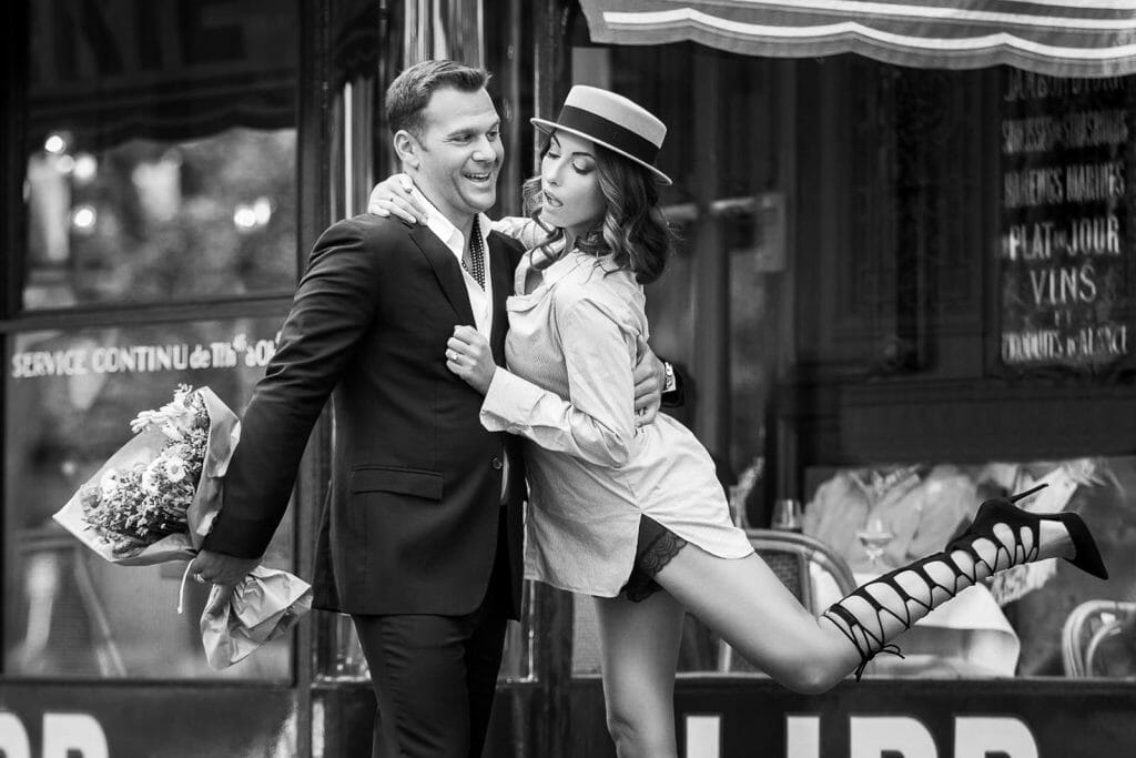 Adorable couple photoshoot in the Latin Quarter of Paris Cafe shot