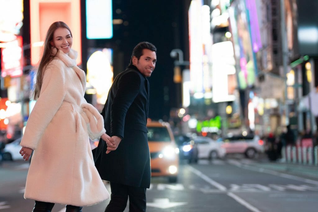 Times Square engagement Photos at night