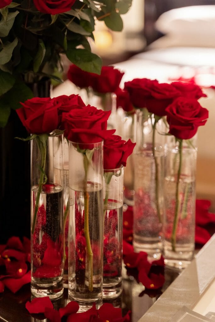 Peninsula Hotel Paris Proposal surprise hotel suite embellishment with red roses