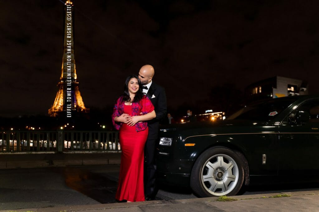 Eiffel Tower proposal at night at Bir Hakeim Bridge with Rolls-Royce and private driver