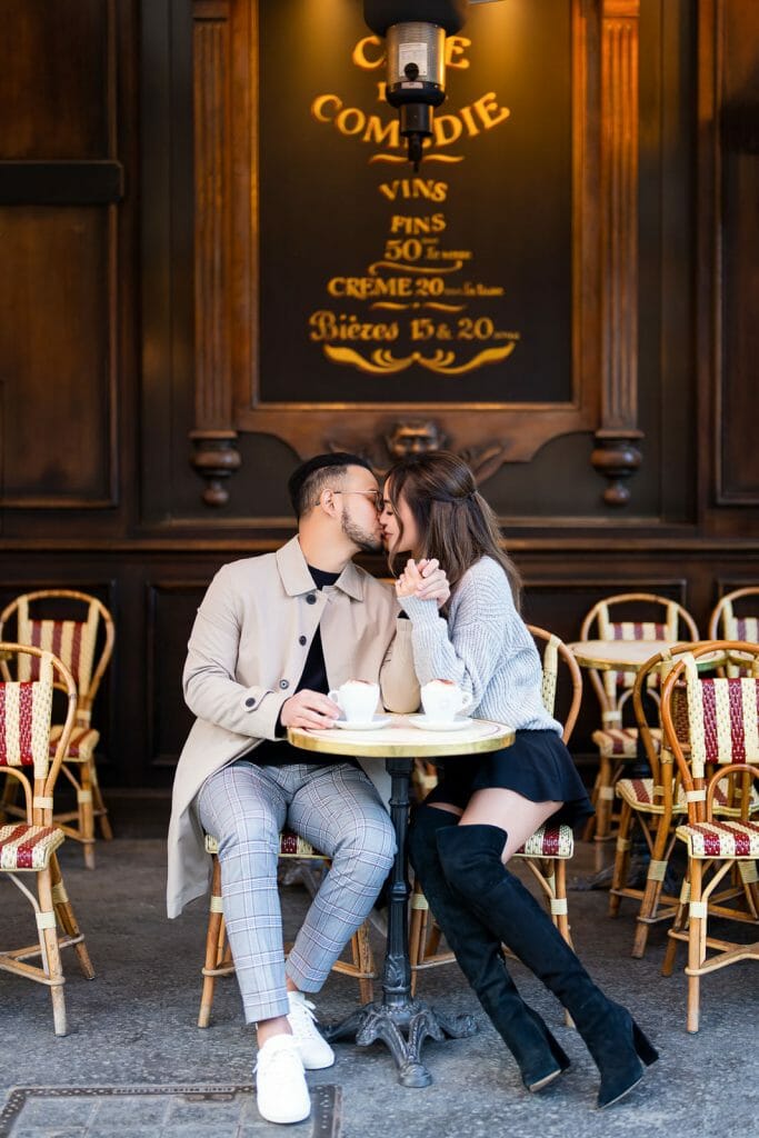 Romantic engagement photos in paris at Cafe de la Comedie