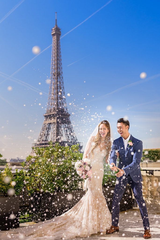 Fun Eiffel Tower couple pictures at the Shangri-La Hotel in Paris