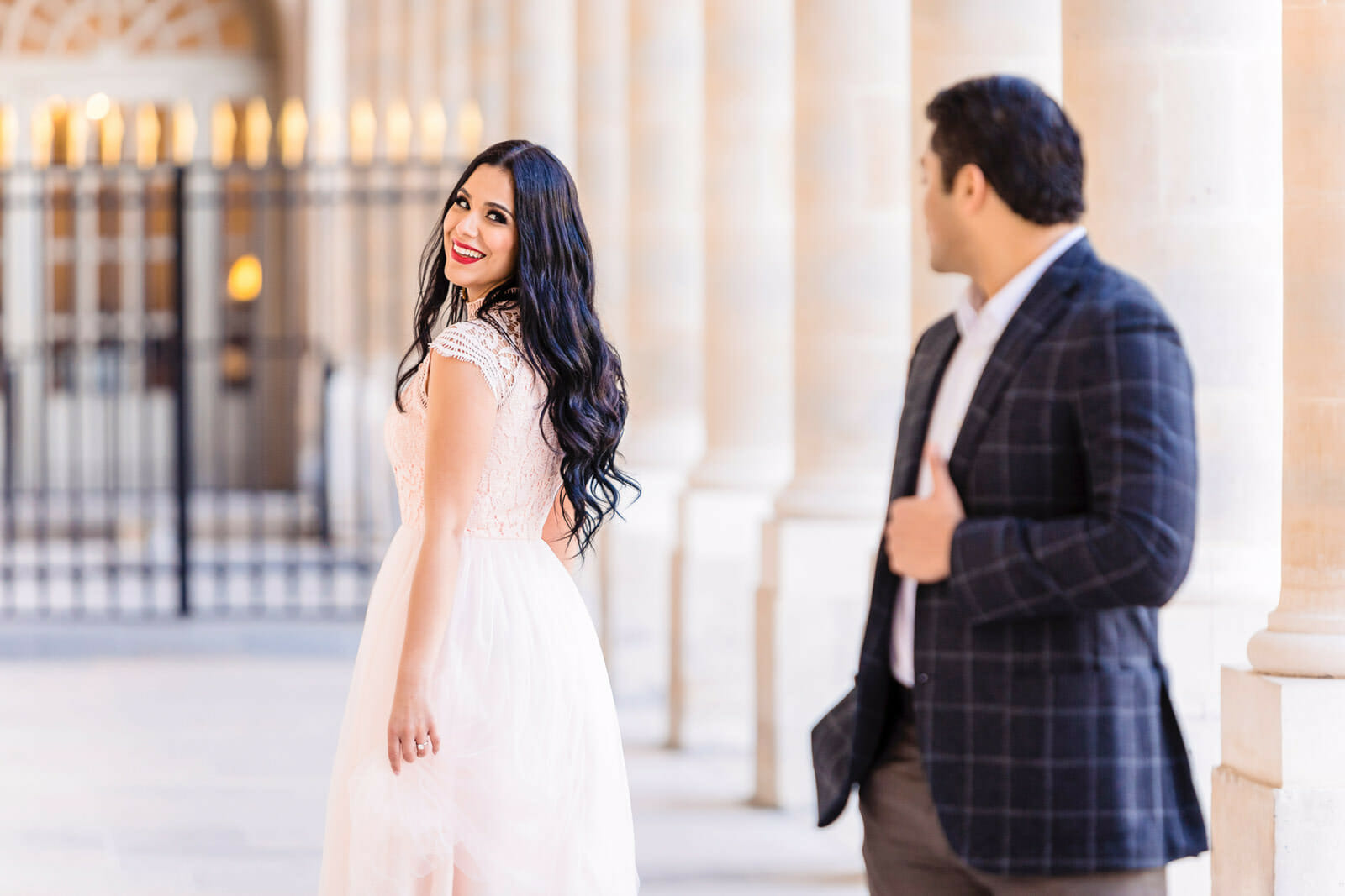Romantic Paris engagement photos at Palais Royal