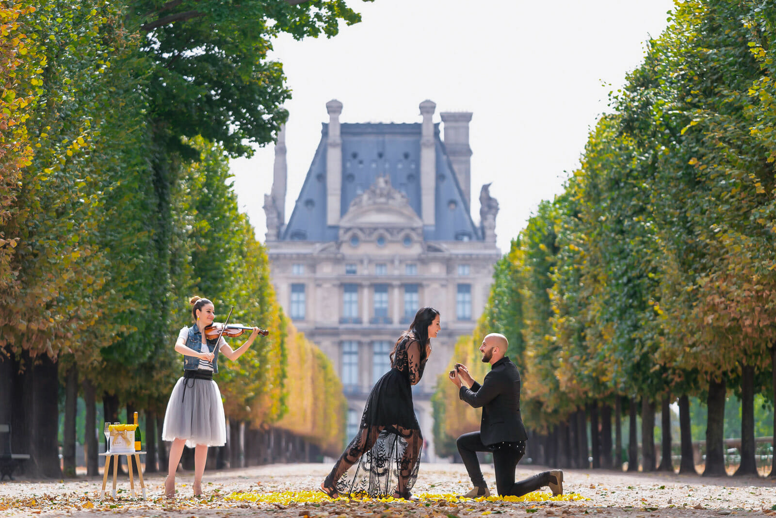 Private marriage proposal in the Tuileries Garden with a violinist, flowers and chilled Champagne