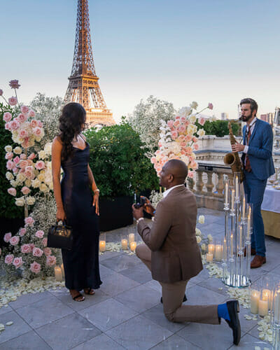 The Shangri La Paris is one of the most romantic places to propose in Paris. Rooftop Proposal Paris with Eiffel Tower views