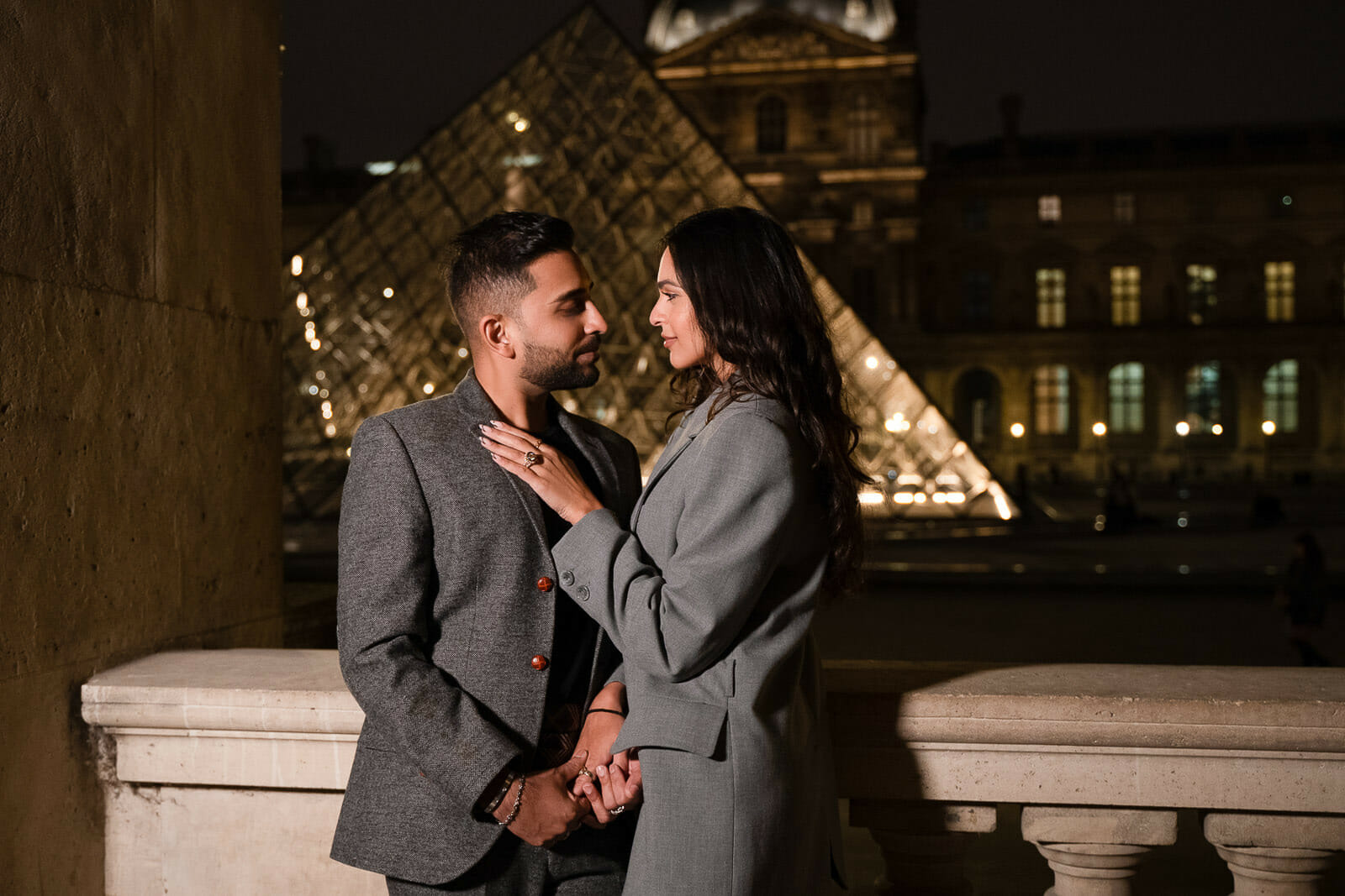 Romantic nighttime photos at the Louvre Museum Pyramid