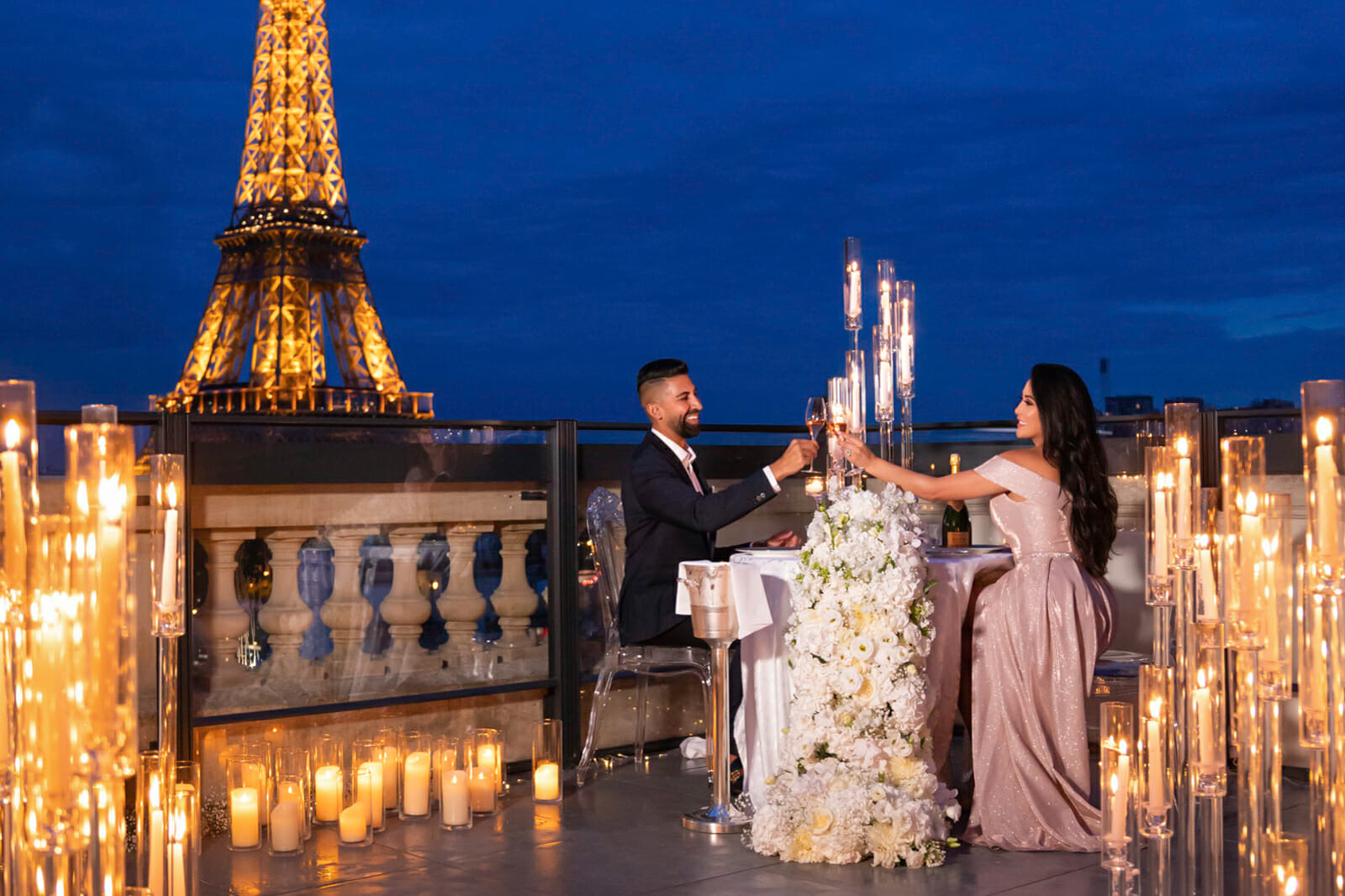 Fairytale Eiffel Tower proposal at the Shangri La Krug Terrace