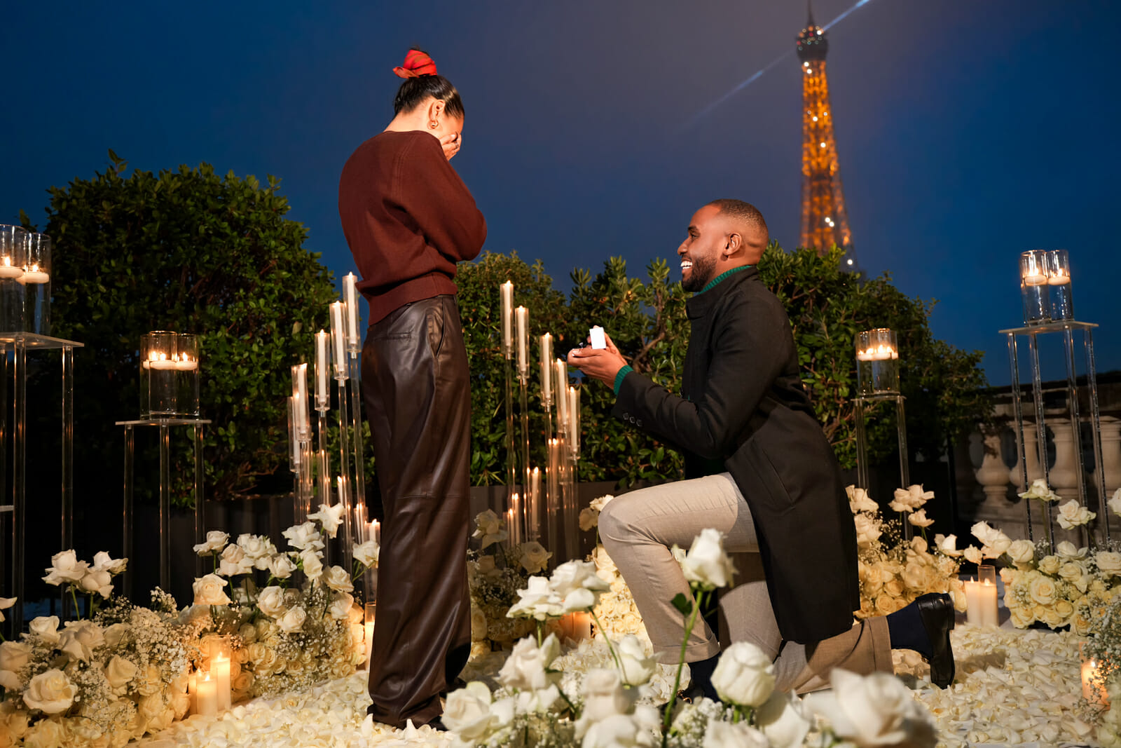 Fairytale Paris proposal with Eiffel Tower view Shangri-La with thousands of white rose petals