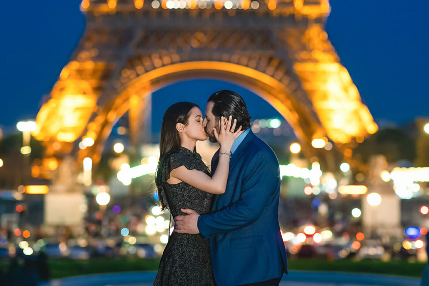 Intimate couple photos Eiffel Tower at night during Blue Hour