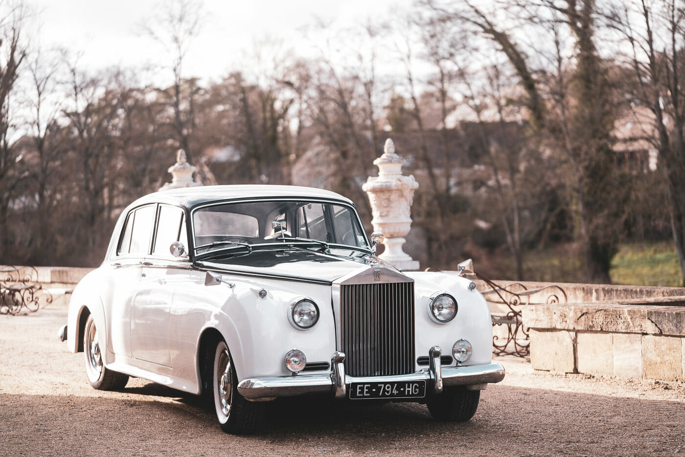 White vintage Rolls-Royce at Chateau de Villette in France