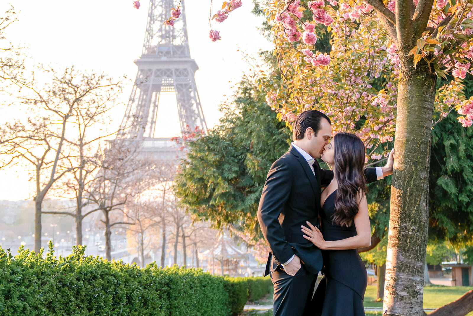 Dreamy Paris engagement photos Eiffel Tower Cherry Blossoms Season