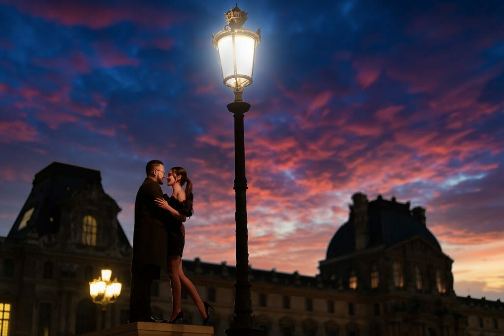 Fotos súper románticas de una pareja parisina en el Museo del Louvre por la noche