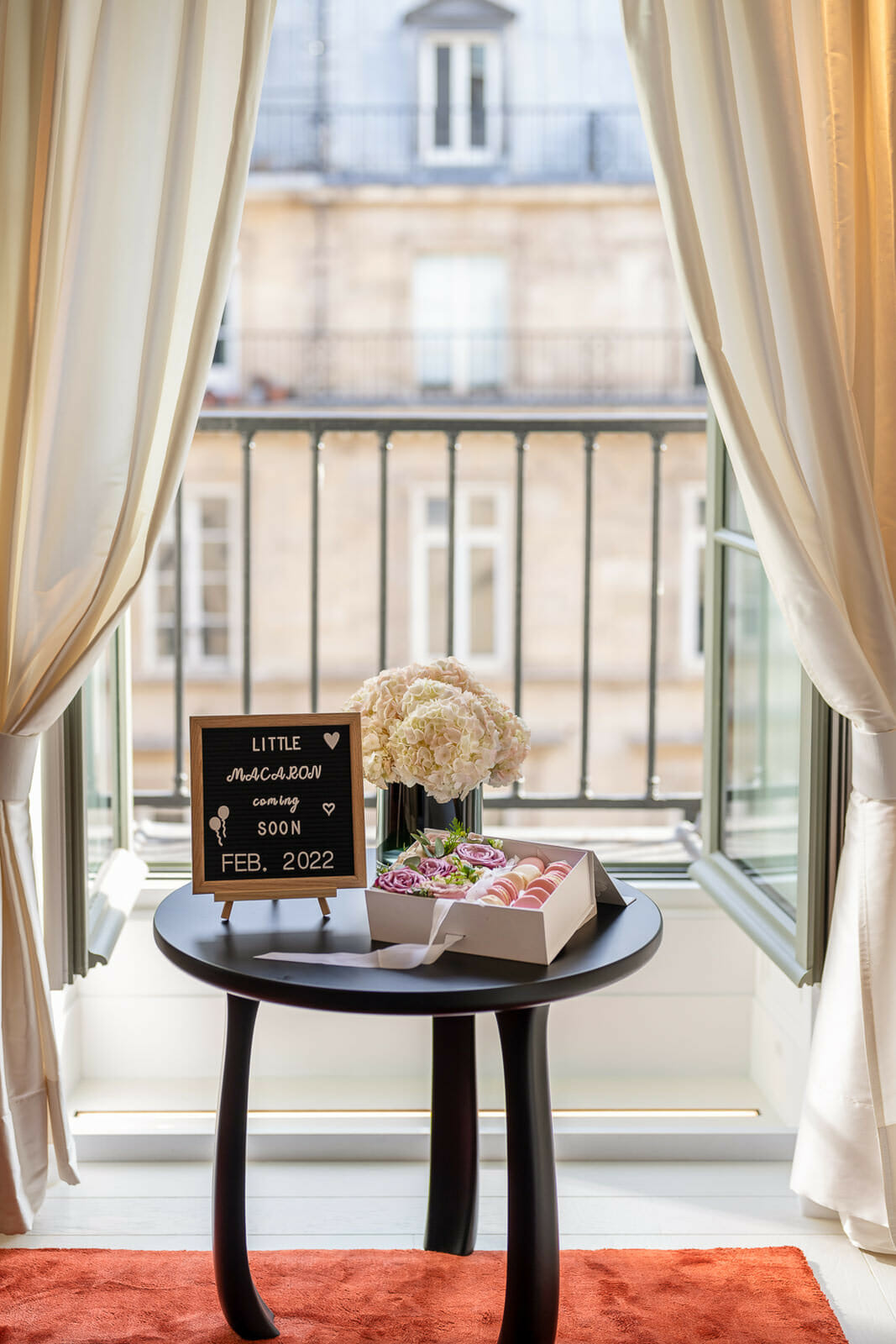 Baby surprise reveal in Paris at Hotel Costes