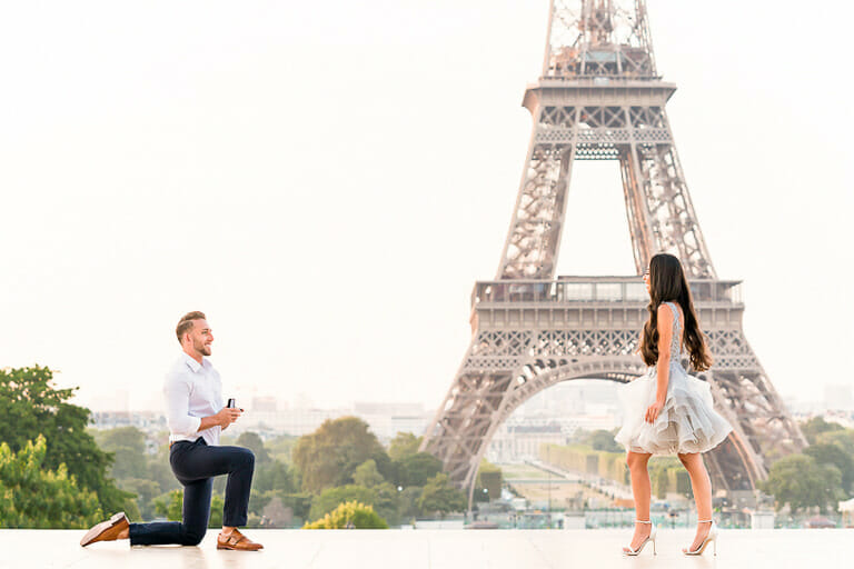 Surprise Proposal at the Eiffel Tower at sunrise