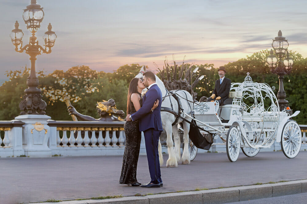 Romantic Paris proposal Cinderella horse and carriage ride