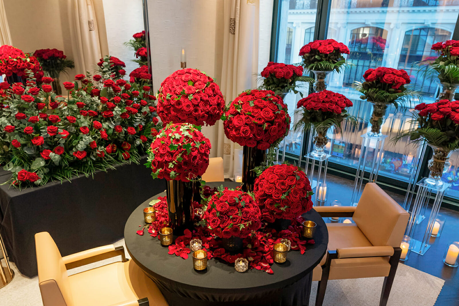 Surprise your partner with a sea of red roses in your hotel suite.