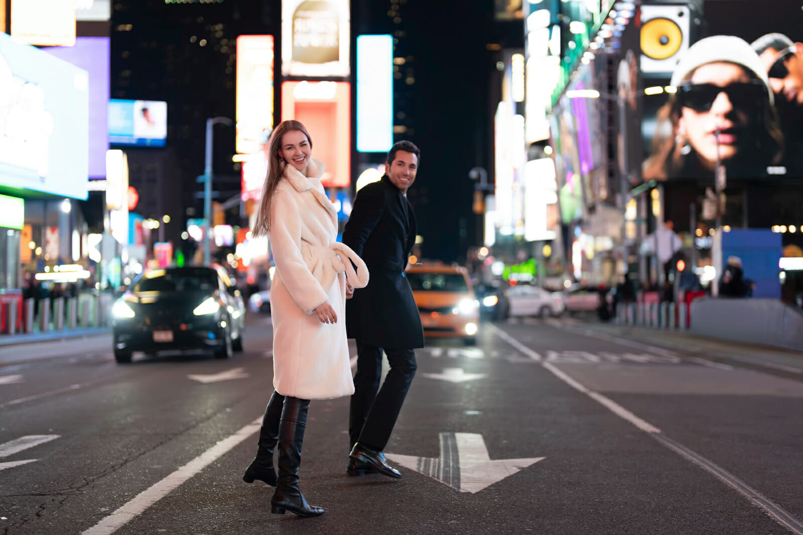 Playful Times Square engagement Photos