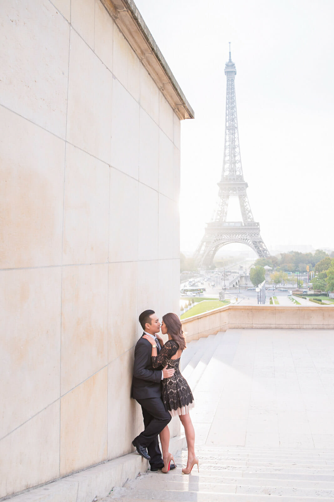 Dreamy couple photoshoot at Trocadero Eiffel Tower at sunrise