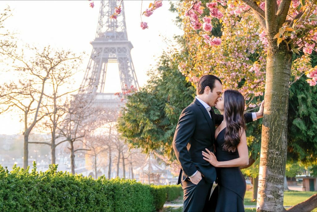 Where are the most romantic places to kiss in Paris Eiffel Tower with Cherry Blossoms