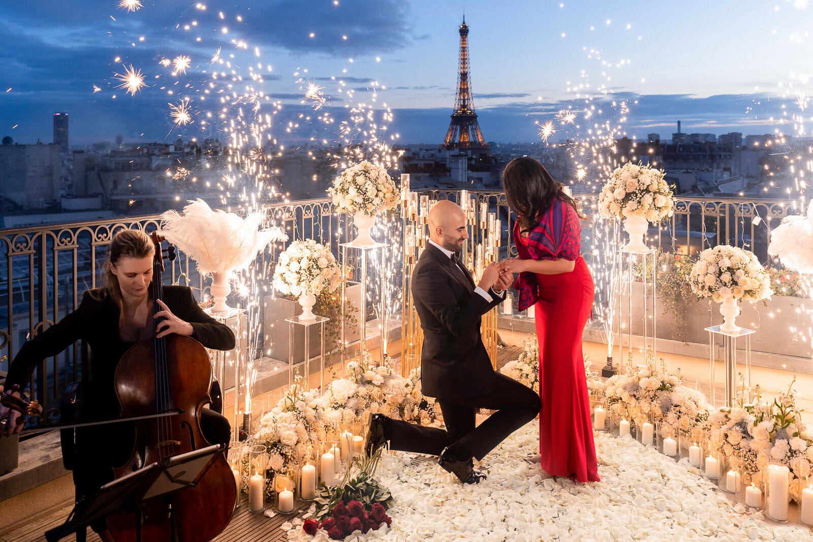 Winter-white Peninsula Hotel Paris Proposal with musicians and fireworks fountains