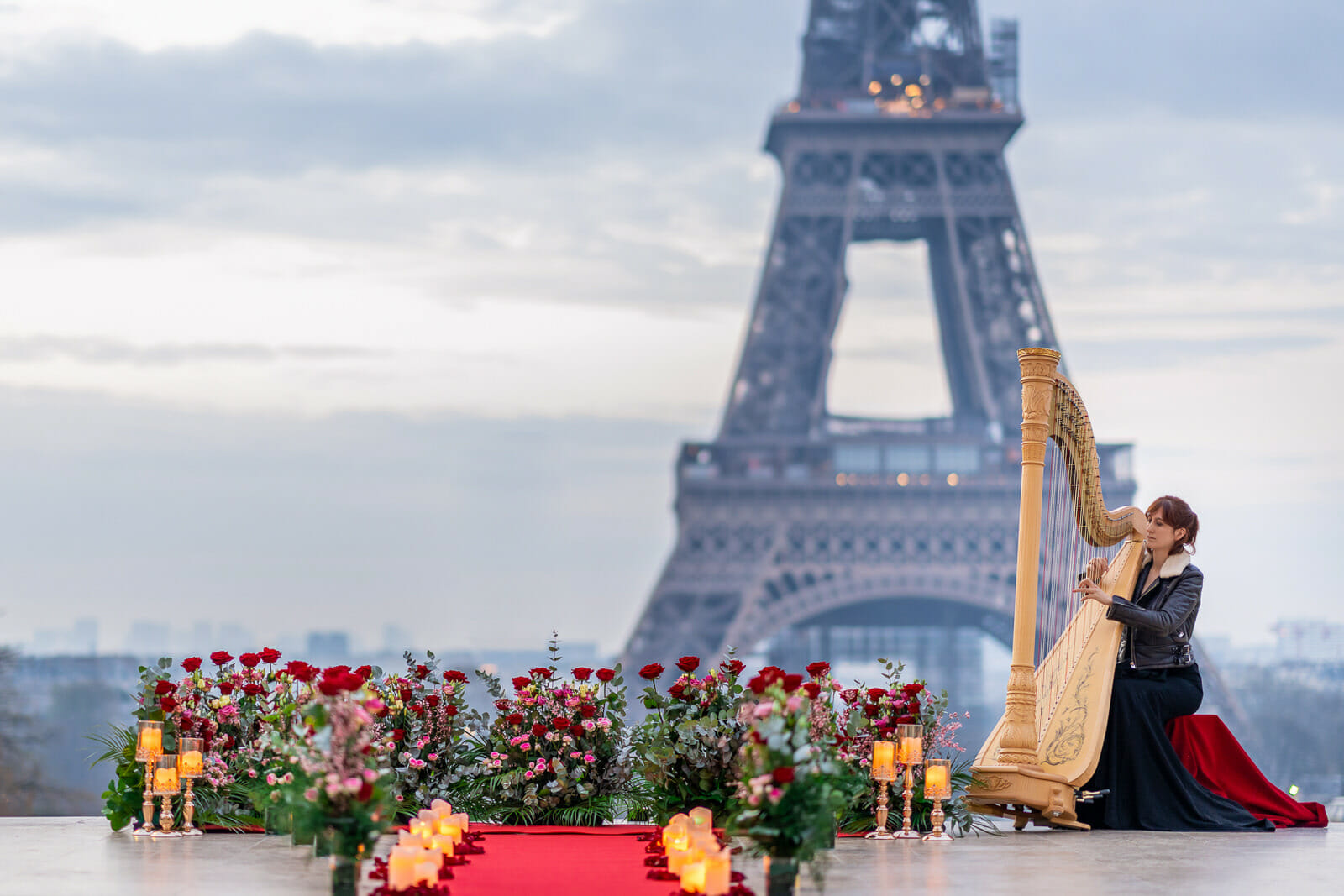 Eiffel Tower marriage proposal at Trocadero at sunrise with a harpist and luxury setting