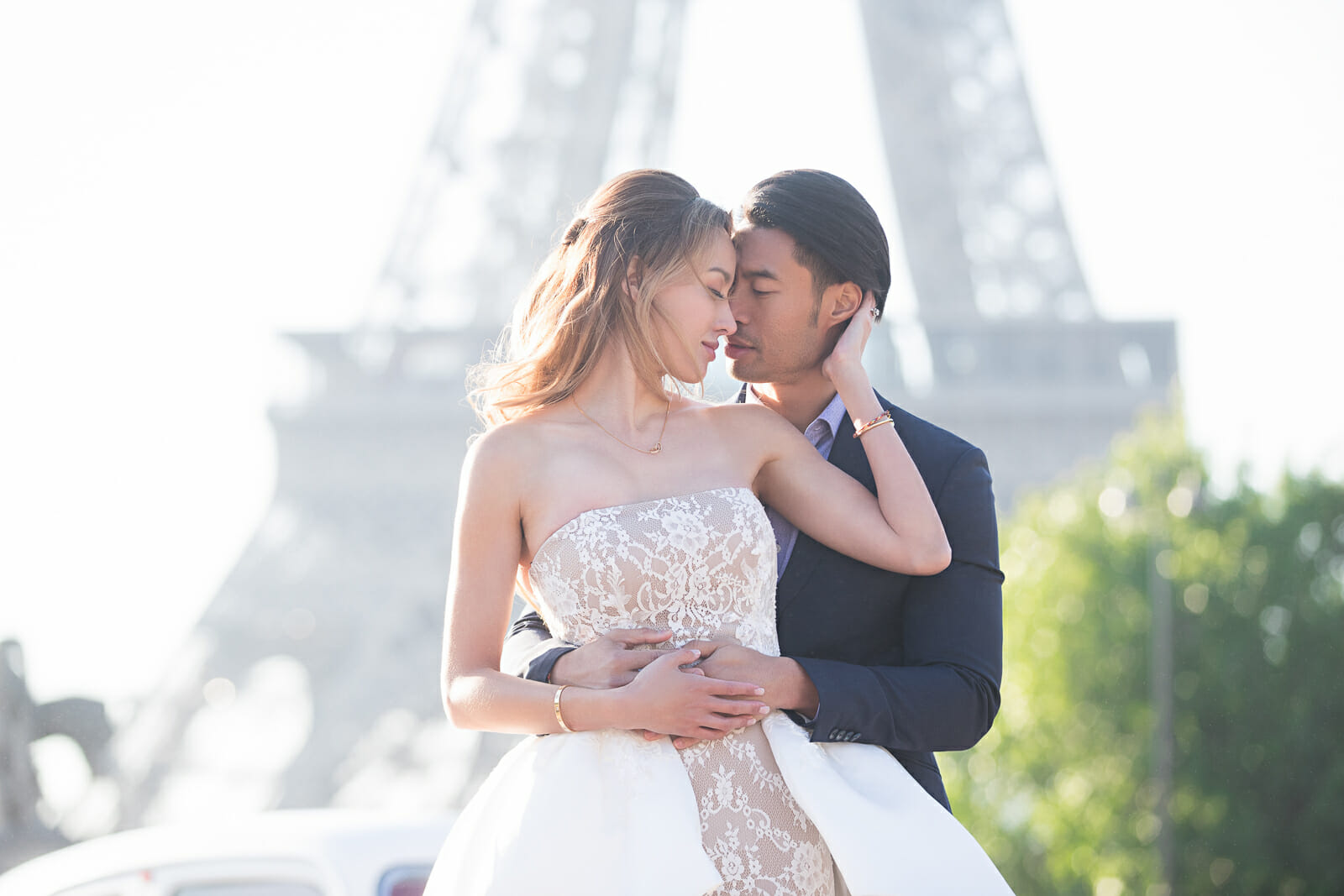 pre wedding shoot in paris at Trocadero Eiffel Tower Cherry blossom season